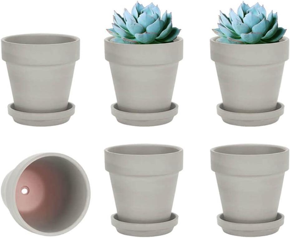 Vensovo 4 Inch Small Grey Terracotta Plant Pots with Saucer - 6 Pack Clay Flowerpots with Drainage, Great for Indoor Outdoor Plants, Crafts, Wedding Favor