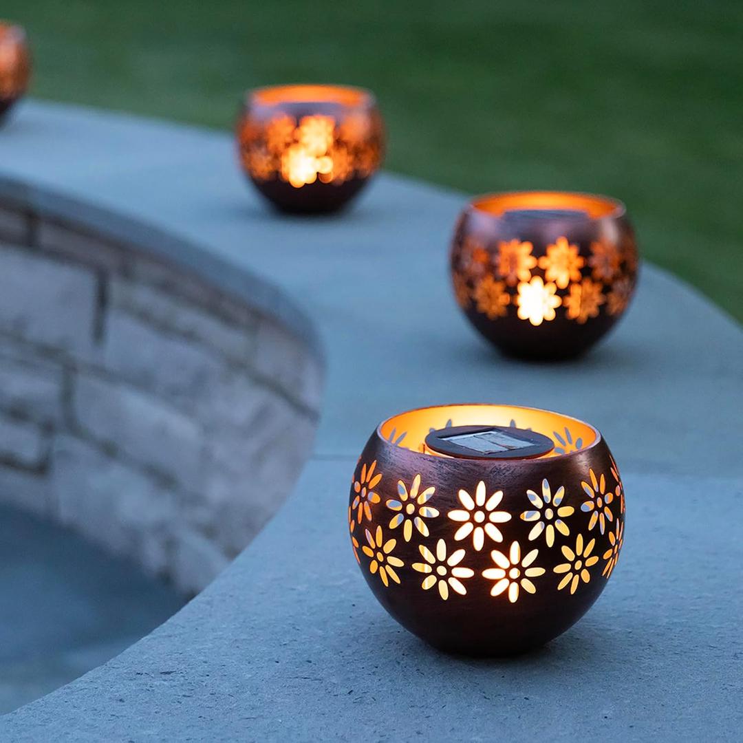 Decorative Metal Solar Patio Light with Flickering Flame, Waterproof Dusk-to-Dawn Garden Lantern