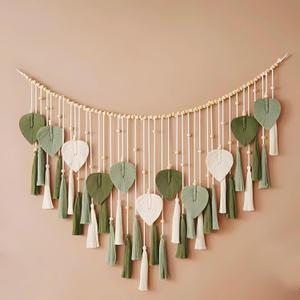 Green Macrame Wall Hanging Decor 29.5" x 49.3, Chic Boho Leaf Feather Tassel Garland Tapestries for Bedroom Living Room Nursery Decor