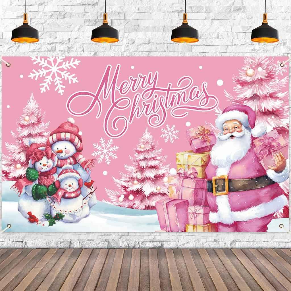 Pink Holiday Celebration Pennant, Large Father Christmas Scene Setter, Seasonal Yard Portrait Background Decor, for Outdoor, Indoor, Celebration Trimmings, Winter Anniversary Party Supplies