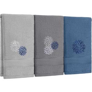 Tingjoo 3 Pcs Dahlia Flower Hand Towels Blue Grey Floral Farmhouse Finger Tip Towel 14 x 29 Inch Soft Embroidered Decorative Washable Spring Cotton Absorbent Summer Decor for Bathroom Kitchen
