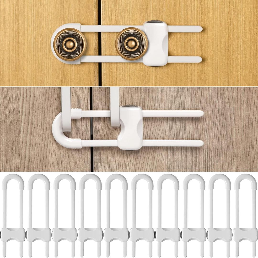 Jetec 10 Pieces Cabinet Locks for Babies, U-Shaped Proofing Drawers Safety Child Locks Adjustable, Easy to Use Childproof Latch for Knob Handle on Kitchen Door Storage Cupboard Closet (White)