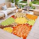 Colorful 8x10 Outdoor Area Rug Washable Multicolored Patio Rug Tropical Botanical Floral Chenille Waterproof Outdoor Carpet Non-Slip for Deck, Backyard, Porch, Orange