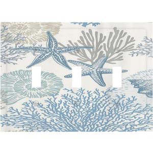 Decorative Light Switch Plate Covers Blue Starfish Coral Seaweed 3 Gang Light Switch Cover Plate Triple Toggle Wall Plate Outlet Covers for Bathroom Bedroom Decor