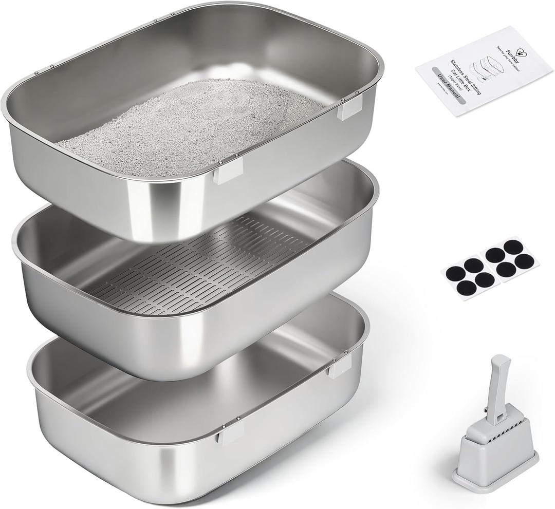 Triple Pan Stainless Steel Sifting Cat Litter Box, Large High Sided Metal Litter Box for Big Cats up to 20lbs, Odor-Free Non-Stick Easy Clean System, No Scooping Sifter Tray for Multi-Cat Homes