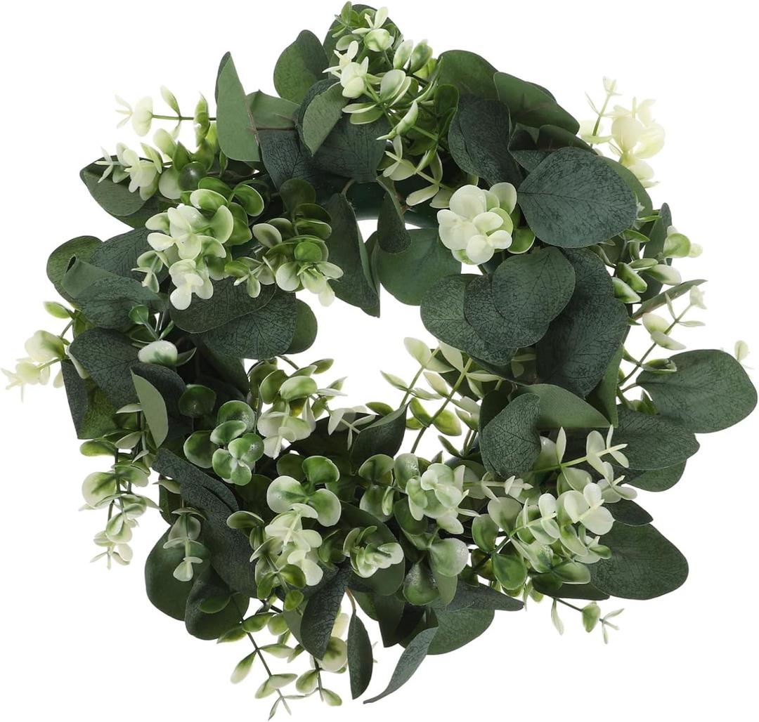 Artificial Eucalyptus Leaves Wreath for Candle Holders Greenery Decor for Home Table Centerpiece Farmhouse Style Season Wall and Door Garland