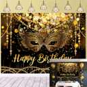 Masquerade Mardi Gras Backdrop for Happy Birthday Black Gold Glitter Mask Party Decorations Supplies Banner Masquerade Theme Carnival Dancing Party Photography Background (9x6FT(108x72 inch))