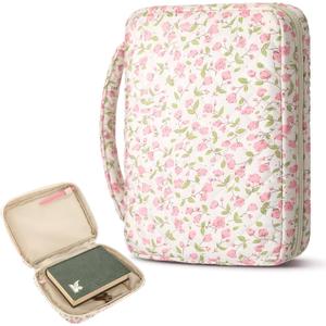 Aliceset Large Bible Cover Case for Women 10.2"x7.9"x2.1" Pink Floral Quilted Cotton Bible Carrying Cases Protective Bag with Handle and Zippered Pocket for Christian Study Supplies Church Gifts
