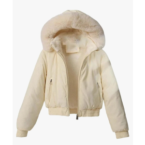 Women Corduroy Cotton-Padded Jacket Big Fur Collar Hooded Fleece Winter Short Jacket Outerwear Warm Coat