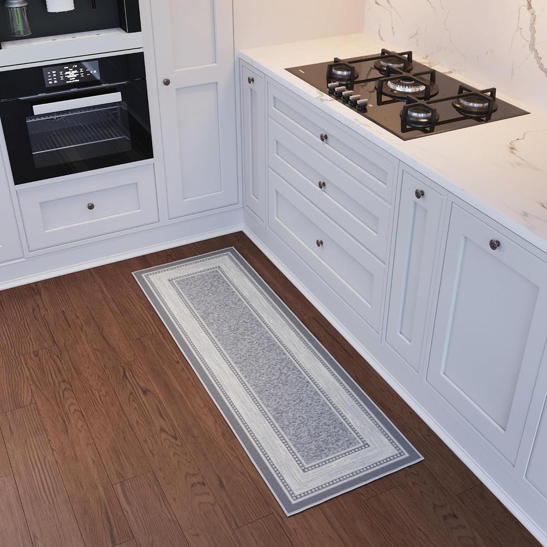 Ottomanson Kitchen Runner Rug 20" x 53" Non Slip Rubber Backed Kitchen Rug Runner for Sink Area, Laundry Room, Entryway, Low Pile Indoor Floor Runner, Border Light Gray