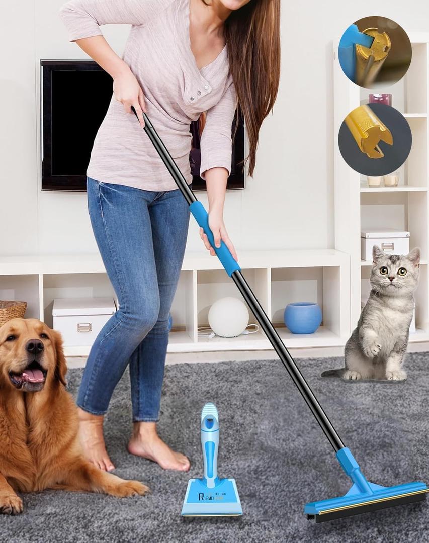 Updated Pet Hair Removal Tool, CEARKTIY Carpet Rake for Pet Hair Removal, 57'' Adjustable Pet Hair Remover Broom, 2 in 1 Rubber Broom and Carpet Brush Scraper for Rugs, Mats, Couch (Long Handle)