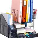 4-Tier Desk Organizer, Paper Letter Tray with Sliding Drawer and 2 Pen Holders, Mesh File Organizer with 4 Vertical File Rack, Desktop Storage for Office(Black)