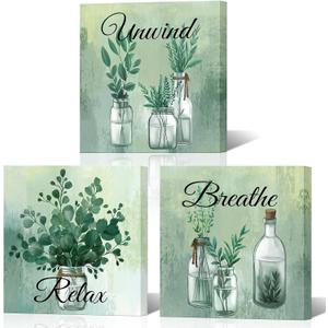 NutArtPic Green Botanical Wall Art Eucalyptus Leaf Picture Botanical Plants Paintings for Bathroom Living Room Bedroom Office Relaxation Theme, Set of 3, 12 x 12 inches
