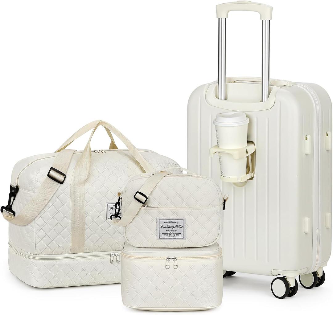 Yorige Luggage Sets for Women Men 4 Piece - Carry on Hardside Suitcase 20inch with USB Port, 360 Spinner Wheels, Duffel Bag, Cup Holder, Lightweight Luggage Set for Travel Vacation, 10in x 5in x 20in