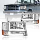 LED DRL Headlights Compatible with 1992-1996 Ford F150 F250 F350 & Ford Bronco Replacement Headlamp Amber Reflector Chrome Housing