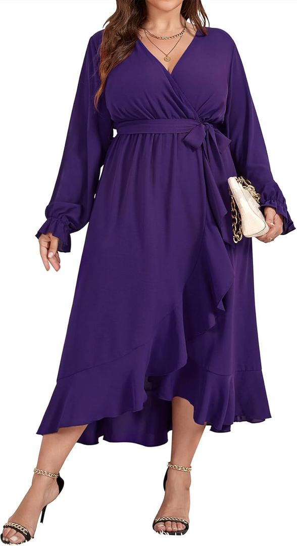 SCOMCHIC Women Plus Size Wedding Guest Maxi Dress Long Sleeve Faux Wrap V Neck High Low Ruffle Cocktail Dress with Belt (XX-Large Plus, Purple)