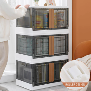 HAIXIN Storage Bins with Lids - Collapsible Storage Bins, Wardrobe Closet Organizer, 19 Gal Stackable Toy Storage, Foldable Plastic Storage Container with Door, Crate for Book Storage (3 Pack)