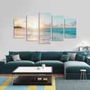 Goldfoilart 5 Pieces Beach Sunset Canvas Wall Art Blue Sea Prints Romantic Ocean Waves Pictures Painting for Living Room Bedroom Home Decorations Wall Decor Ready to Hang, 12x20Inchx2pcs+12x26Inchx2pcs+12x32Inch x1pc