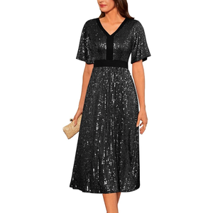 GRACE KARIN Women's Sequin V Neck Ruffle Sleeve Empire Waist Sparkly Glitter A Line Cocktail Formal Dresses L