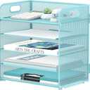 Supeasy 5 Trays Paper Organizer Letter Tray with Handle-Mesh Desk File Organizer, Paper Sorter Desk Organizer for Office, Home or School (Light Blue)