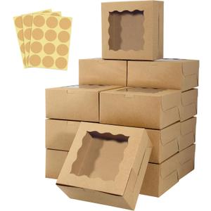 60 pcs Bakery Boxes with Window, 6 x 6 x 3 inches, Kraft Cookie Boxes Pastry Boxes for Baked Goods (Brown)