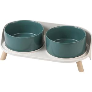 Elevated Ceramic Dog Bowl Set - Double Dog Feeding Bowls with Stand Splash Proof - Raised Dishes for Food and Water - Ideal for Small to Medium Dogs - 2 x 720 ml - 11.3 oz - Green