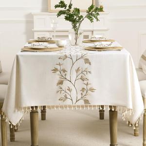 Cotton Linen Rectangle Tablecloth with Tassel for Dining Table, Burlap Heavy Duty Floral Farmhouse Coffee Kitchen Table Cloth Wrinkle Free Table Cover - Golden Flower, 55x79 Inch