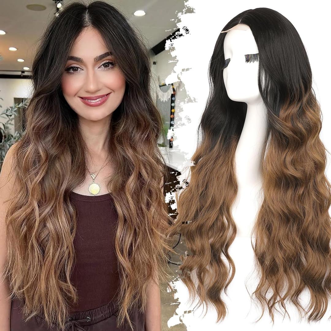 Ombre Brown Wig for Women Long Wavy 4x1 Lace Natural Hairline Glueless for Beginners Middle Part Synthetic for Daily Party Use 30Inch