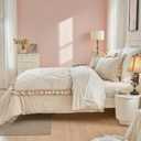 Simple&Opulence 100% Cotton Quilted Duvet Cover Set with Ruffle, 3 Pcs Muslin Gauze Comforter with Microfiber Filling, Shabby Chic Frill Farmhouse Rustic Handmade Stitching Bedding(Khaki, King)