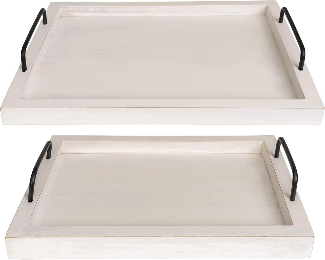 Besti Rustic Vintage Food Serving Trays (Set of 2) | Nesting Wooden Board with Handles | Stylish Farmhouse Decor Serving Platters | Large: 15 x2 x11 - Small: 13 x2 x9 inches (Rustic Off White)
