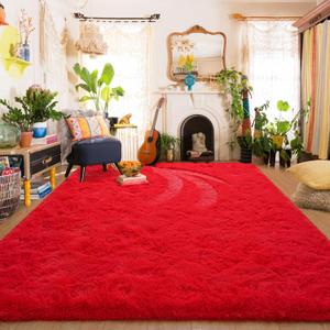 Amearea Shag Fluffy Area Rug for Bedroom Girls Living Room, Extra Soft and Fuzzy Shaggy Rugs, Non Slip, Solid Color Carpet Mat for Boys Nursery Home, Red 5x8 Feet (5 x 8 Feet)