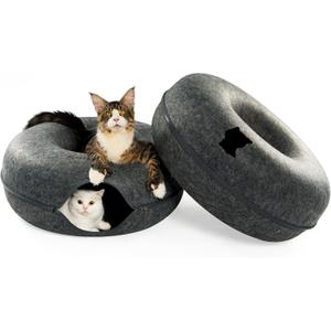 Cattasaurus Peekaboo Cat Cave, Extra Spacious for Multiple & Large Cats 12+ lbs, Scratch Detachable Cat Beds for Indoor Cats, Washable Tunnel Bed, Comfy Cat Donut Tunnel (Dark Gray+Dark Gray, Jumbo)