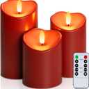 Homemory Burgundy Flameless Candles, Waterproof Flickering Flameless Candles, Outdoor Battery Operated LED Pillar Candles with Remote Timer, Electric Fake Plastic Candles, D3 x H4 5" 6", Red, 3 Pack