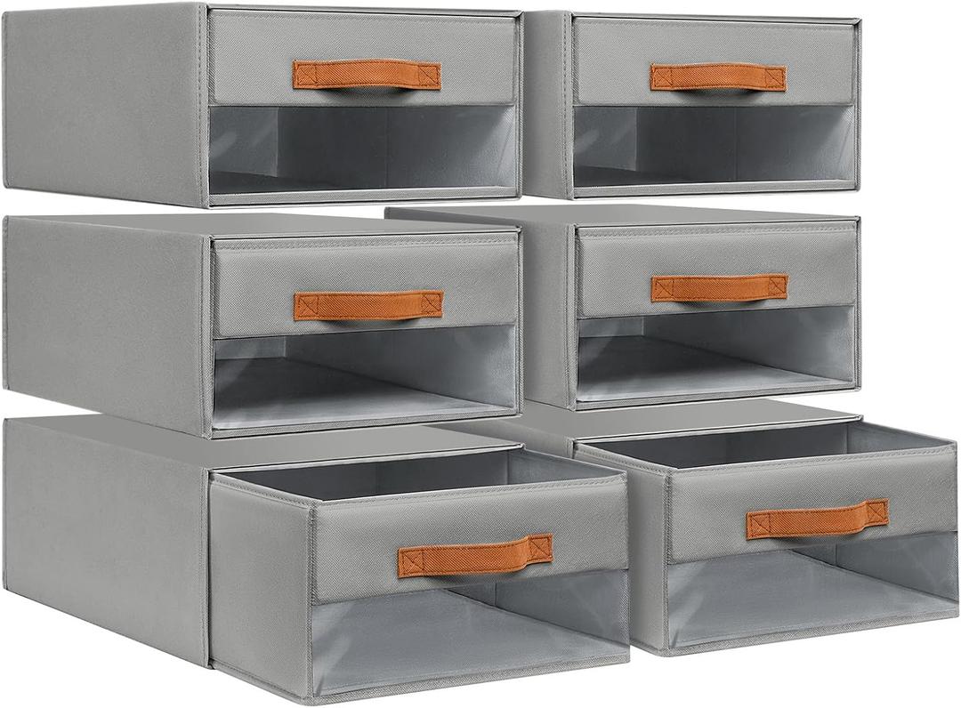 DIMJ Closet Organizers and Storage - Foldable Storage Bins with Drawers Pull-Out Stackable Storage Drawers with Clear Window,Fabric Clothes Organizers and Storage Drawers for Closet, 6-Pack, Grey