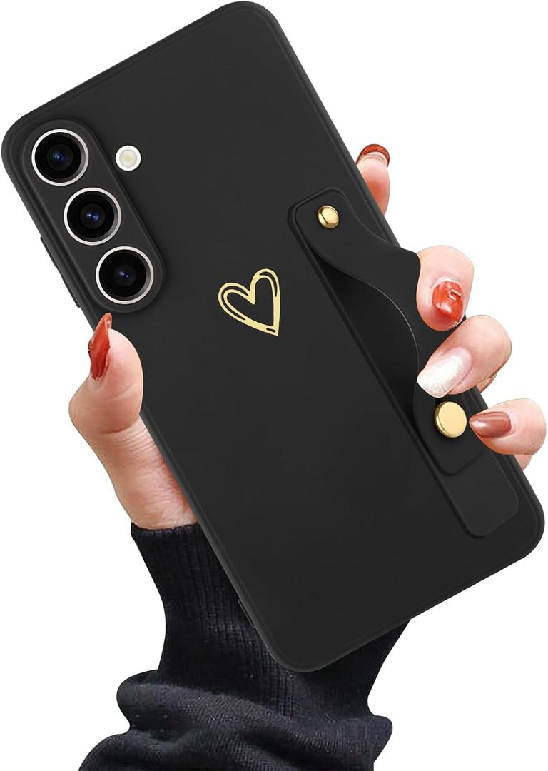 Compatible with Samsung Galaxy S25 Case for Women Girls, Cute Gold Love Heart Pattern with Wrist Hand Holder Stand Slim Soft Silicone Kickstand Protection Cover (Black)