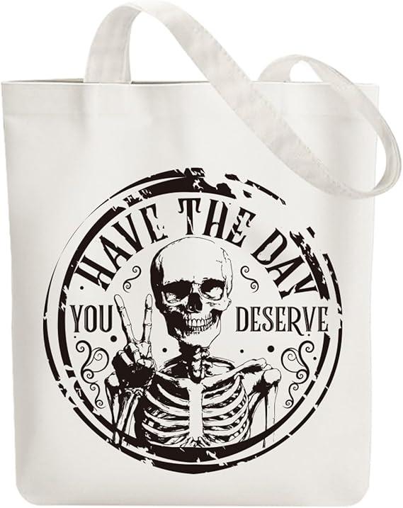 ANATTASOUL Halloween Canvas Tote Bag Black Skull Circle Reusable Cotton Bag for Women, Durable Cloth Shoulder Bags with Zipper Pockets for Shopping, Vacation, Work, Gym