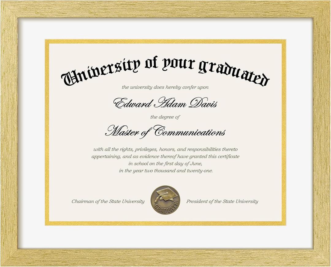 upsimples 11x14 Diploma Frame Certificate Degree Document Frame with High Definition Glass, 3 Pack Diploma Frames 8.5 x 11 with mat for Wall and Tabletop, Gold White Double Mat