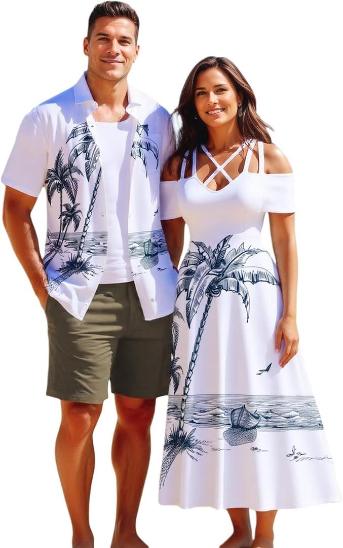 Matchable Couple Hawaiian Coconut Tree Print Shirt or Plus Size Midi Cold Shoulder Dress (White, L)