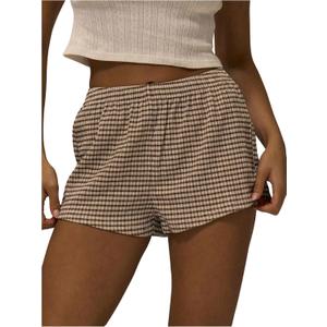 OYOANGLE Women's Gingham Shorts Y2K Elastic Waist Straight Leg Plaid Lounge Shorts with Pocket (Khaki, L)