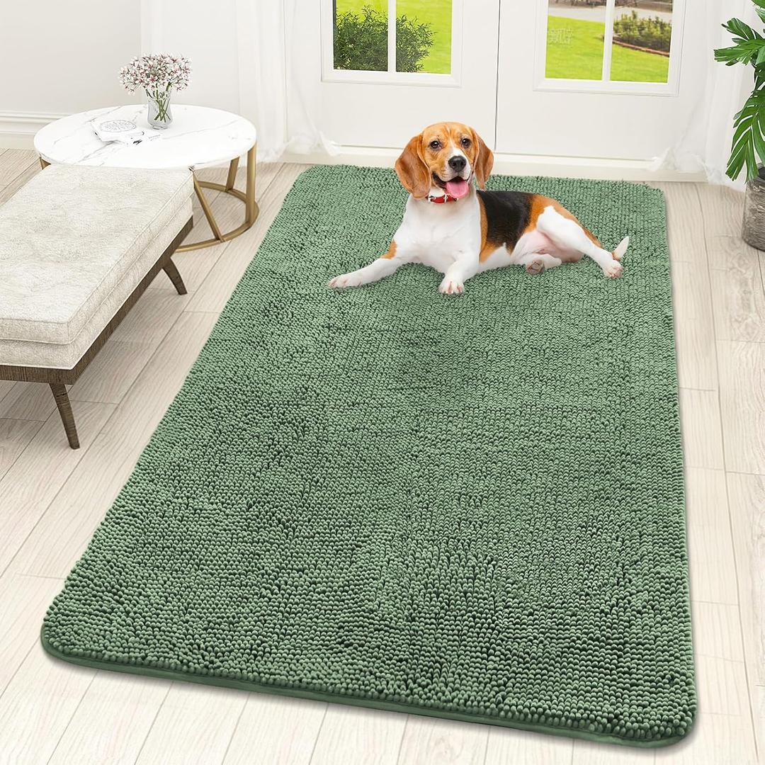 OLANLY Dog Door Mat for Muddy Paws 59x32, Absorbs Moisture and Dirt, Absorbent Non-Slip Washable Doormat, Quick Dry Chenille Mud Mat, Entry Indoor Entryway Carpet for Inside Floor, Olive Green