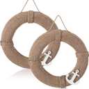 Xuhal 2 Pcs Nautical Decor Farmhouse Lifebuoy Wall Hanging Decor 9.8 Inch Rustic Life Preserver Ring Decoration with Anchor Hemp Rope Safety Ring Ornament for Ocean Beach Theme Home Boat Door Wall Art
