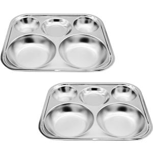 Korean Stainless Steel Divided Plates, Food Grade 304 Tray Large Size for Adults, Teens, Picky Eaters, Campers, BPA Free, Diet Portion Control, Serving Platter, Dinner Snack, Set of 2 (5 Compartments(13x11Inch))