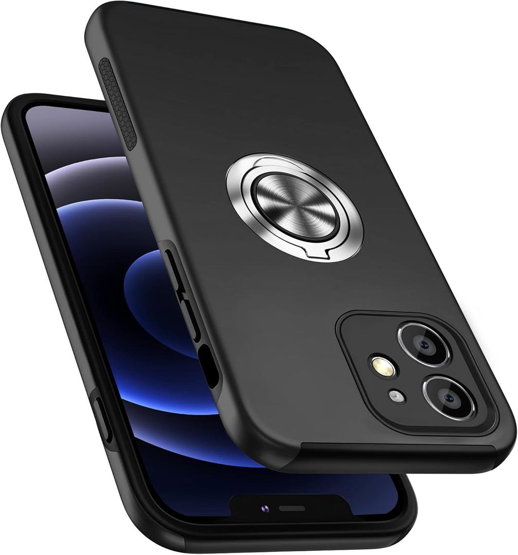 Shockproof Case for iPhone 12 6.1 inch, [Built-in Camera Cover] Military Grade Phone Case Cover with Embedded Metal Ring Stand Kickstand [Support Magnetic Car Holder] for iPhone 12, Black