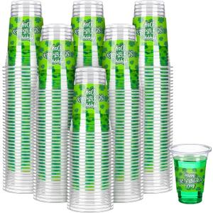 Yinder 200 Pcs 16 oz St Patrick's Day Shamrock Cups Bulk Disposable Clear Green Plastic Drinking Cups for Beverage Ice Cream Beer Snack Irish St Patty's Day Party Decoration Leaf Clover Supply