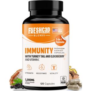 FreshCap 7-in-1 Immune Support Supplement - 5000mg Turkey Tail Mushroom Capsules, Immune Boosters for Adults, Immunity Boost Supplement, Elderberry Vitamin C and Zinc, Ayurveda (120 Capsules), BBD: 07/2025