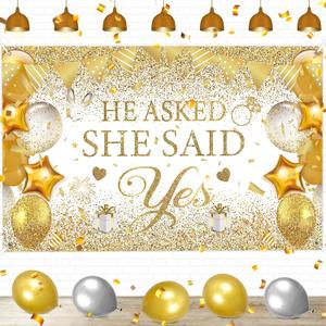 Gold Engagement Party Decorations White Gold Engagement Banner Backdrop He Asked She Said Yes Banner Decorations Wedding Just Engaged Backdrop for Wedding Happy Engagd Party Favors