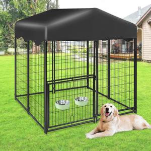 Dog Kennel Outdoor 4x4.2x4.5ft, Outside Dog Kennel with Roof, Large Dog Kennels with Rotating Door & 2 Adjustable Bowls, Pet Enclosures Crate Cage for Small/Medium Dogs, Size: 4.2'x4'x4.5'