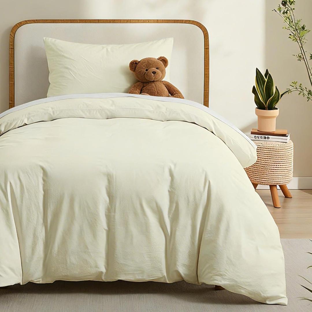 LOVQUE Cream White Cotton Duvet Cover Set, Linen-Like Natural Bedding Set with Zipper Closure (No Comforter), Twin Size, Duvet Cover (68"x90") x 1, Pillowsham(20"x26") x 1