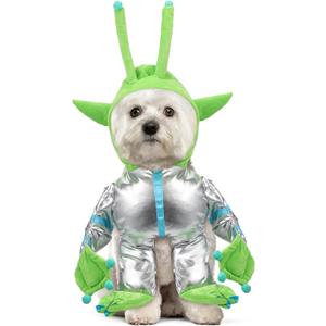 Huhumy Green Alien Costume for Small Dog, Medium Dog Halloween Astronaut Outfits Alien Pet Costume Cute Hooded with Reflective Outfits for Puppy Kitten Halloween Cosplay Party(M)