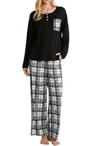 FLYCURVY Women's Pajama Sets 2 Piece Long Sleeve Sleepwear Soft Pj Set Loungewear Plaid Pjs with Pockets, Large 
